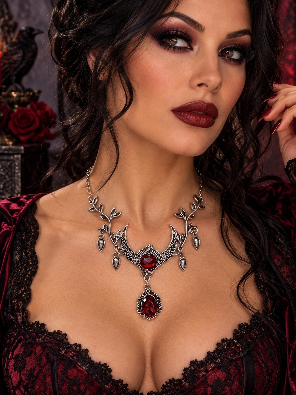 Elegant Silver Vine Necklace with Red Gemstones